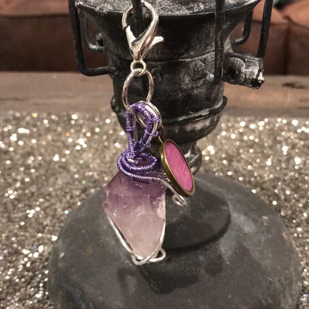 Crystal key fob with raw amethyst